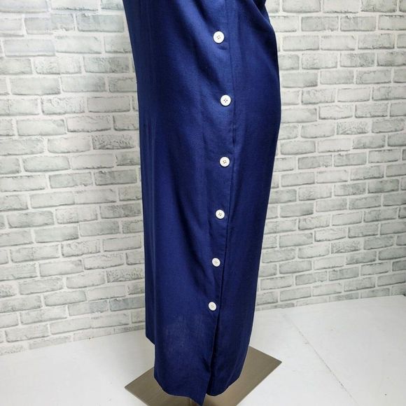 Vintage 80s Albert Nipon Womens Navy Blue Linen Tank Midi Dress Side Seam Button - Picture 4 of 8